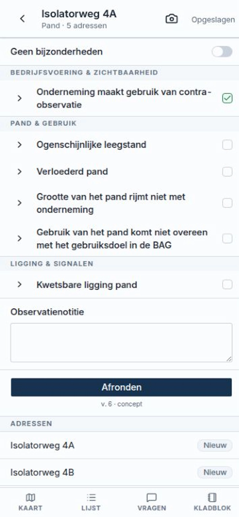Schouw op de telefoon bij het vastleggen van een observatie
